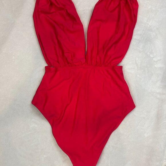 NWT Plunging Ruched One Piece Swimsuit Women Vibrant Red Medium Cupshe - Picture 4 of 16